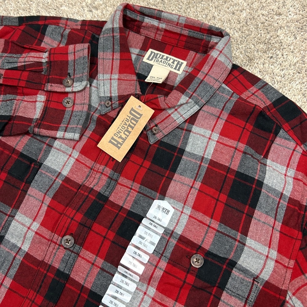 Duluth Trading Co Flannel Shirt Free Swingin' 2XL Tall Red Plaid 52007 BCM